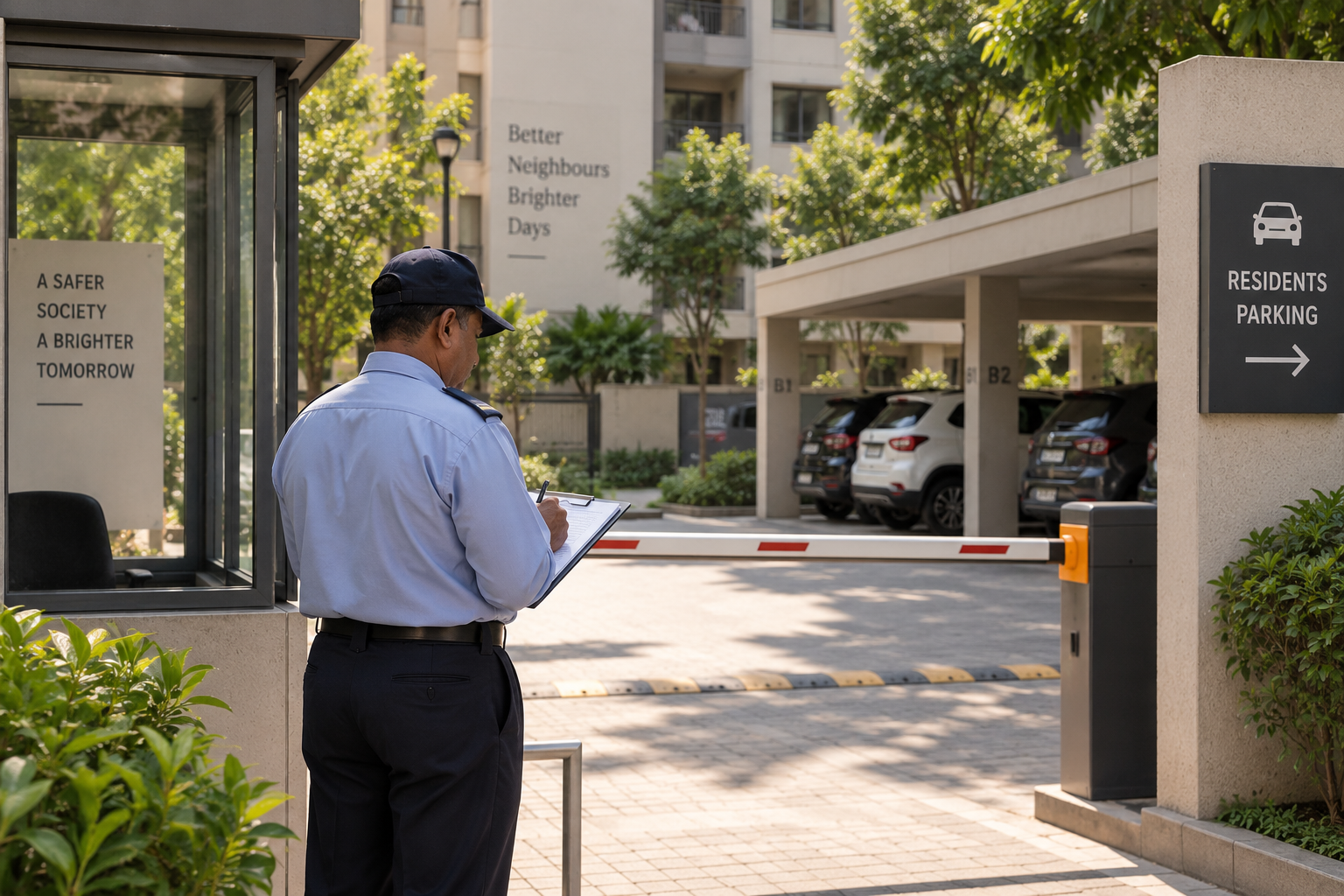 Society guard checking resident vehicles at the gate